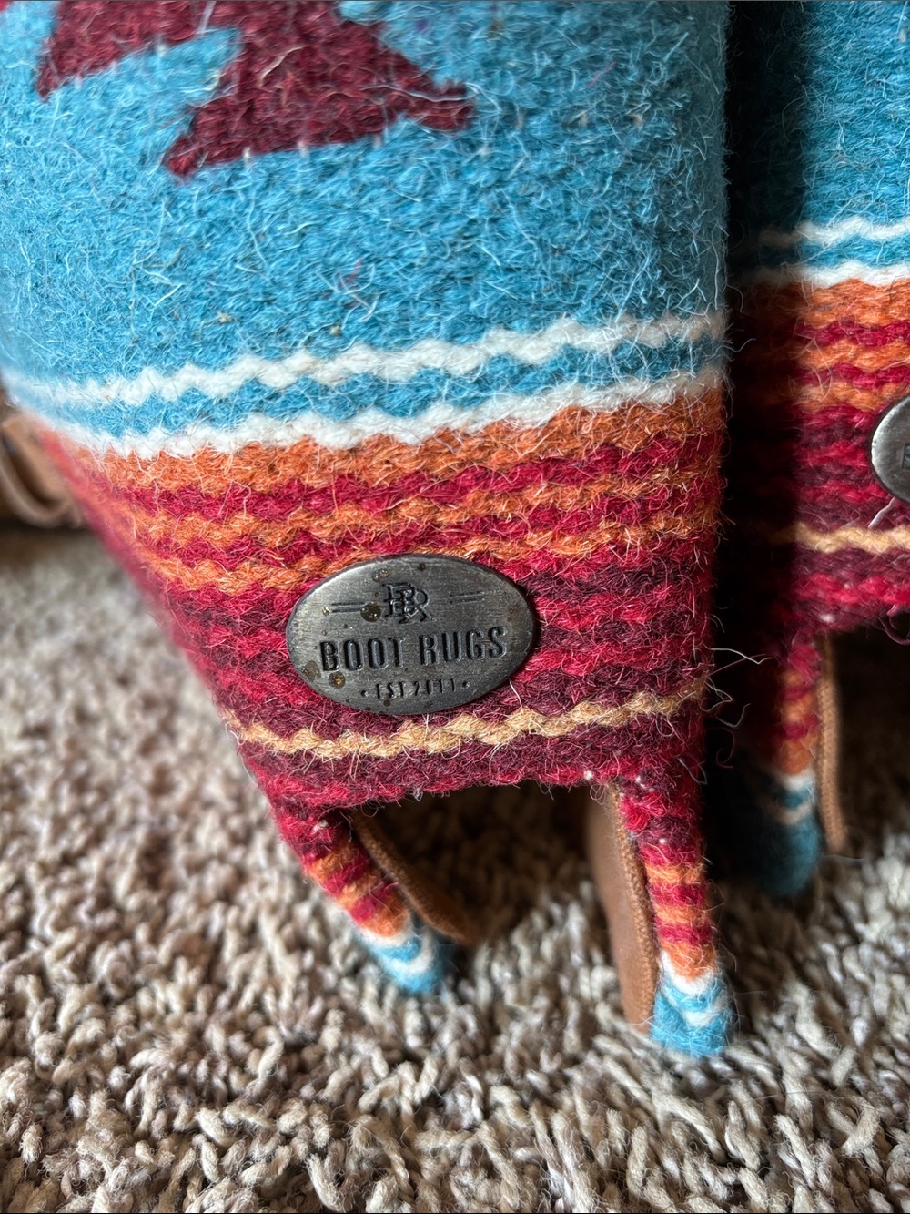 Aztec Pattern Knee-High Wool Boot Rugs - Turquoise & Red - Picture 2 of 3